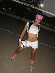 Fit and flirty Ladyboy Marry shows her soccer balls outside