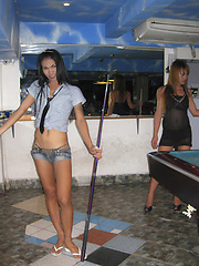 Cheeky pool playing Ladyboys at Pook Bar in Pattaya